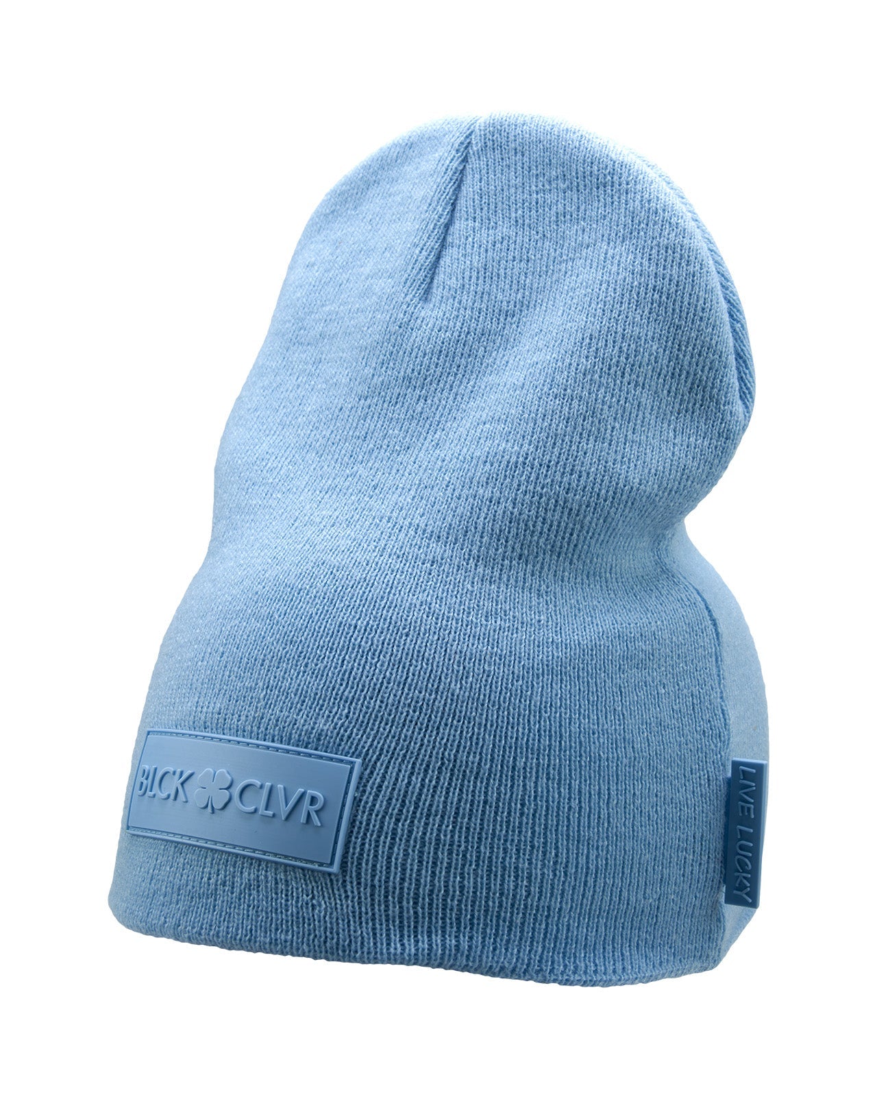 Cuffless Ice Blue beanie from Black Clover featuring cuffless design and a "Black Clover" patch on the front