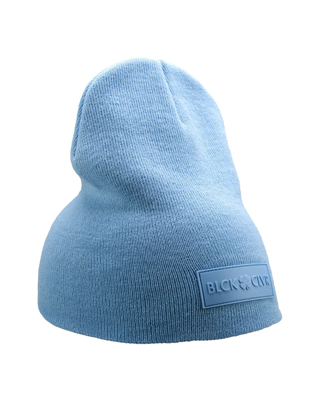 Cuffless Ice Blue beanie from Black Clover featuring cuffless design and a "Black Clover" patch on the front