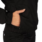 Fashionable black twill jacket with zipper, roomy pockets and wrinkle-free and anti-microbial features