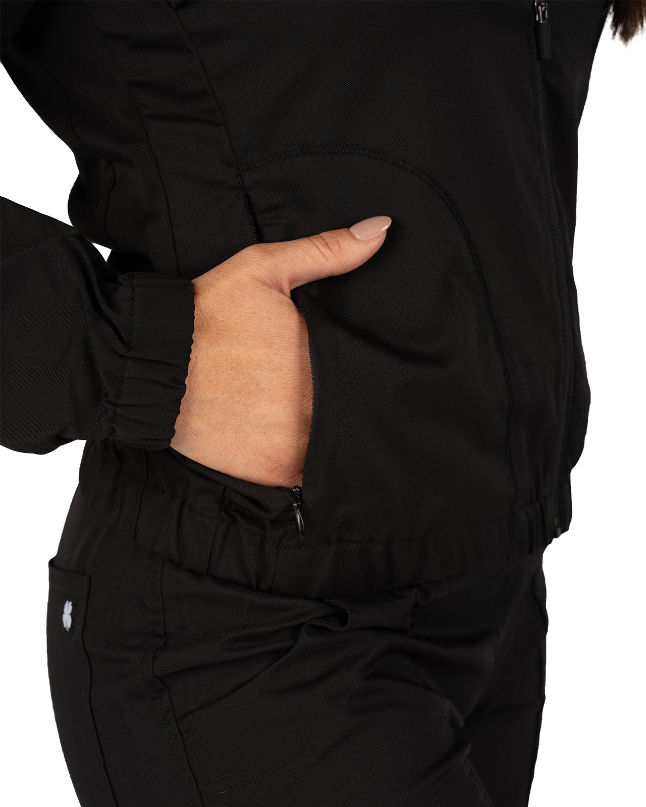 Fashionable black twill jacket with zipper, roomy pockets and wrinkle-free and anti-microbial features