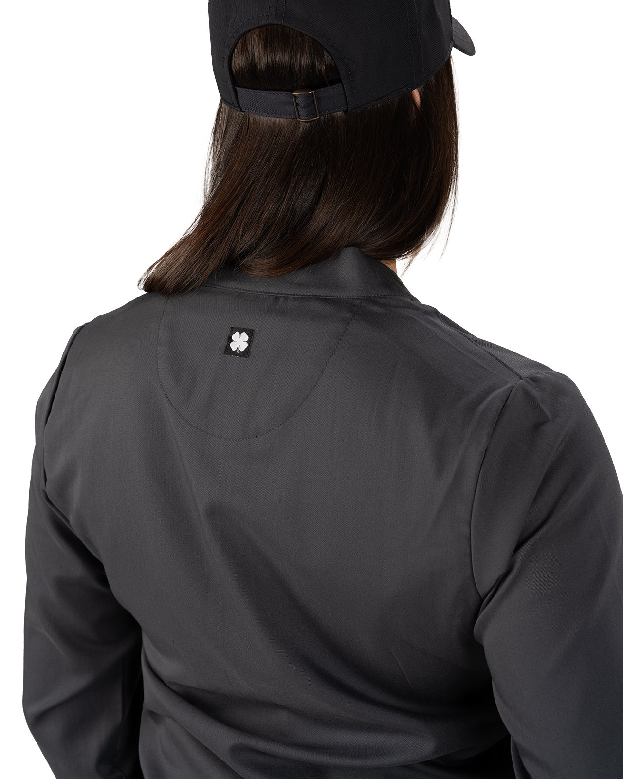 Fashionable grey twill jacket with zipper, roomy pockets and wrinkle-free and anti-microbial features