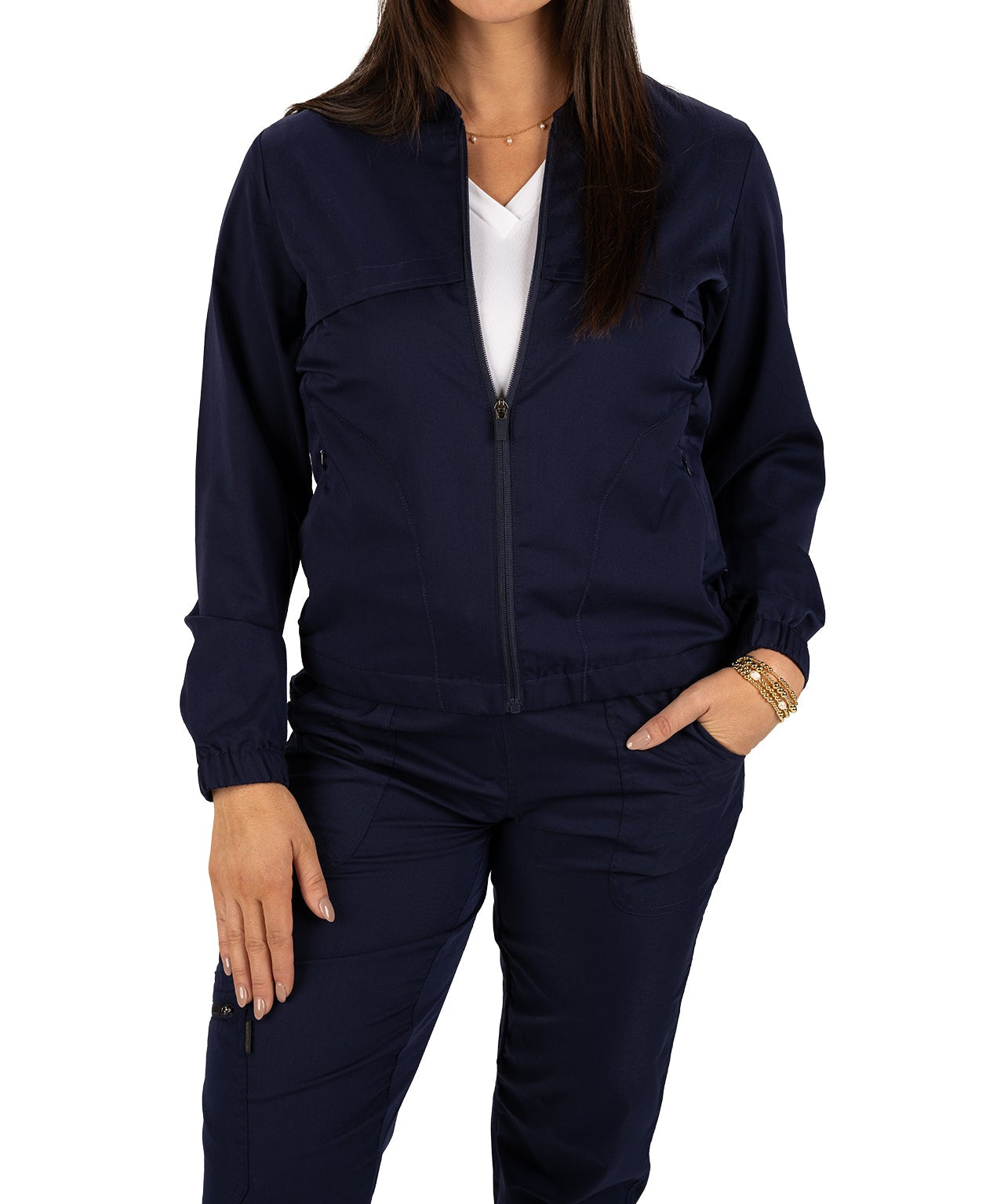 Fashionable navy twill jacket with zipper, roomy pockets and wrinkle-free and anti-microbial features