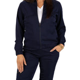 Fashionable navy twill jacket with zipper, roomy pockets and wrinkle-free and anti-microbial features