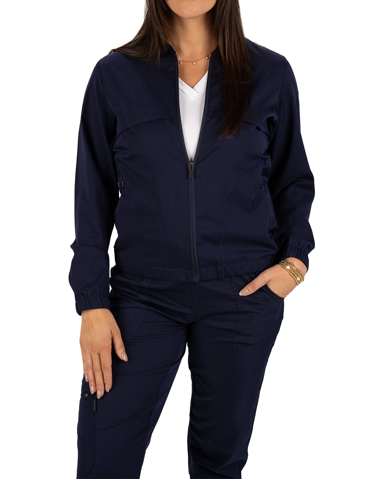 Fashionable navy twill jacket with zipper, roomy pockets and wrinkle-free and anti-microbial features