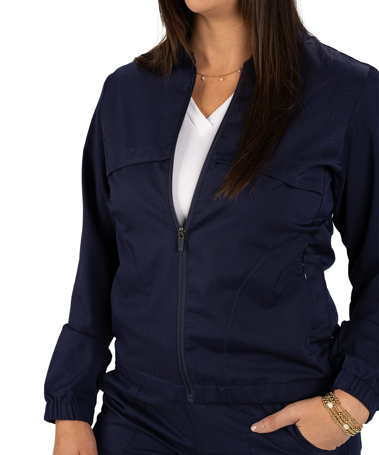 Fashionable navy twill jacket with zipper, roomy pockets and wrinkle-free and anti-microbial features