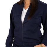 Fashionable navy twill jacket with zipper, roomy pockets and wrinkle-free and anti-microbial features