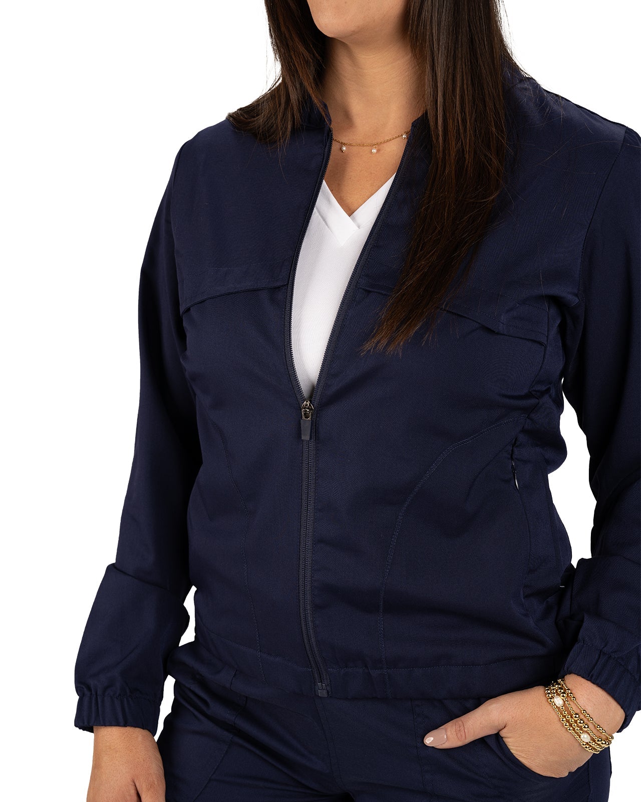 Fashionable navy twill jacket with zipper, roomy pockets and wrinkle-free and anti-microbial features