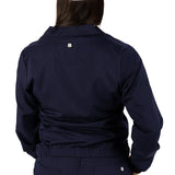 Fashionable navy twill jacket with zipper, roomy pockets and wrinkle-free and anti-microbial features