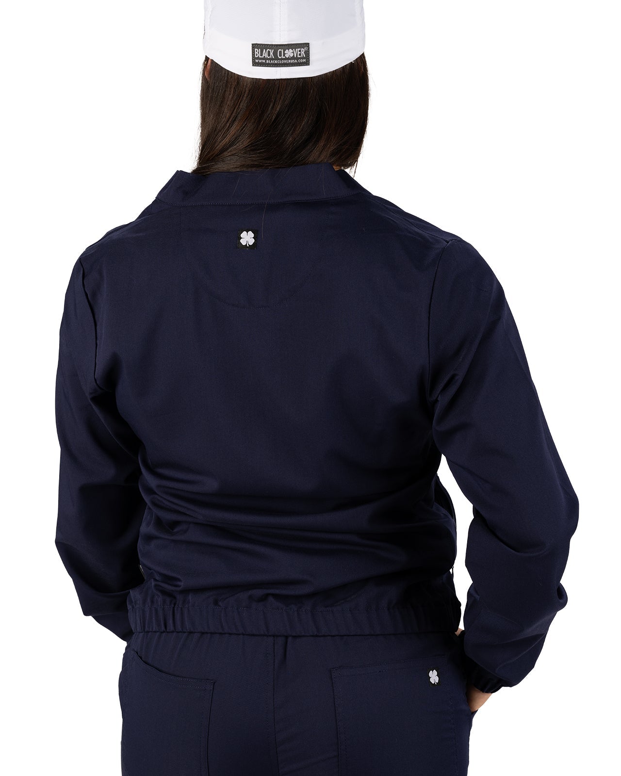 Fashionable navy twill jacket with zipper, roomy pockets and wrinkle-free and anti-microbial features