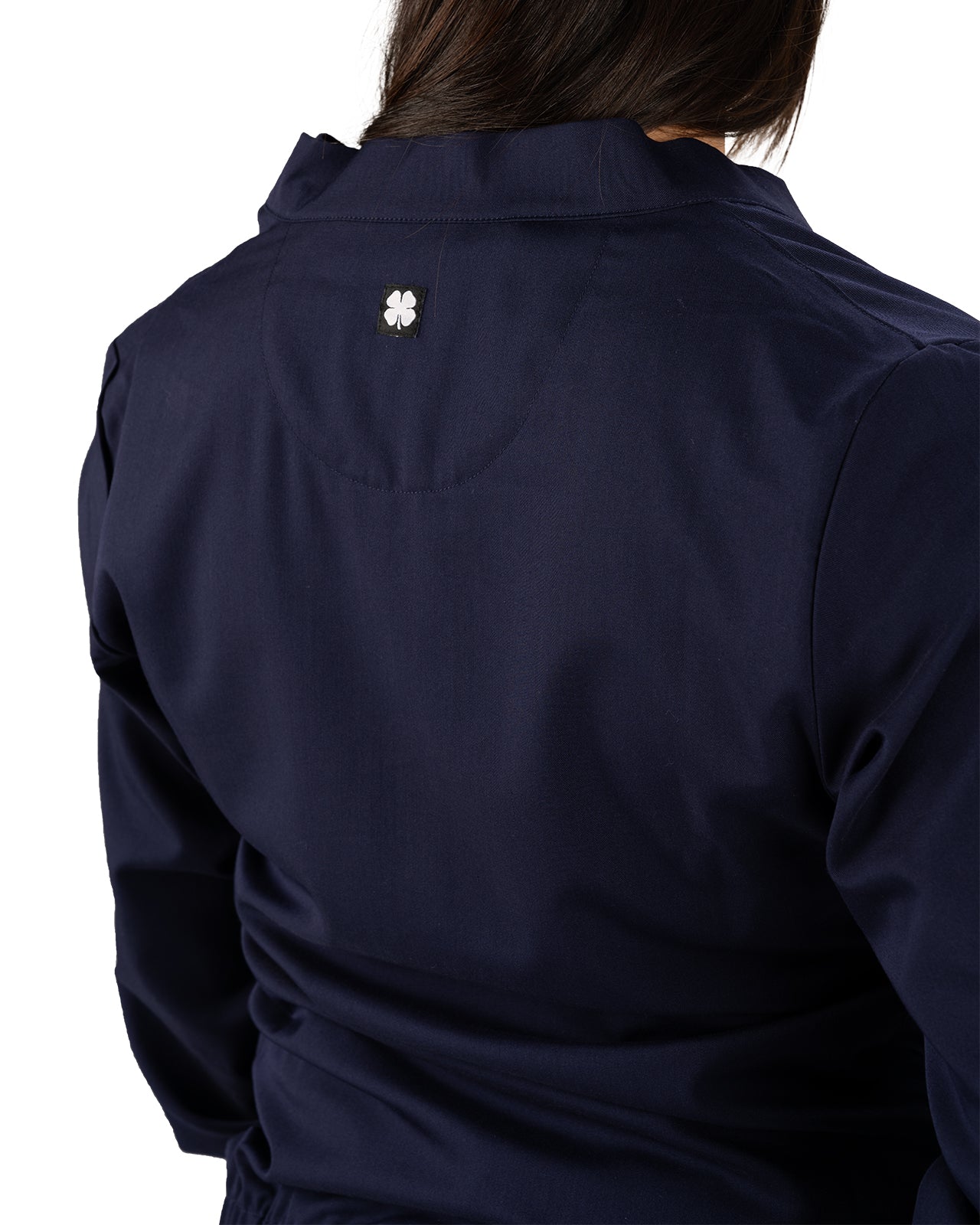 Fashionable navy twill jacket with zipper, roomy pockets and wrinkle-free and anti-microbial features