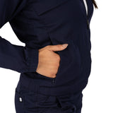 Fashionable navy twill jacket with zipper, roomy pockets and wrinkle-free and anti-microbial features