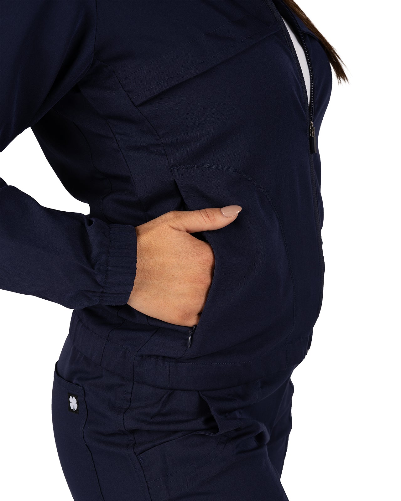 Fashionable navy twill jacket with zipper, roomy pockets and wrinkle-free and anti-microbial features