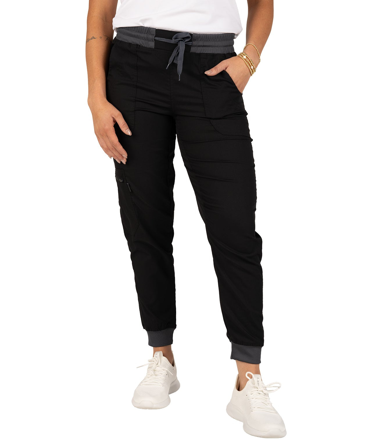 Fashionable black loungewear jogger with adjustable drawstring waist and wrinkle-free and anti-microbial features