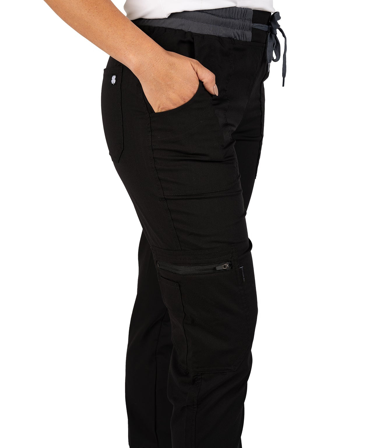 Fashionable black loungewear jogger with adjustable drawstring waist and wrinkle-free and anti-microbial features