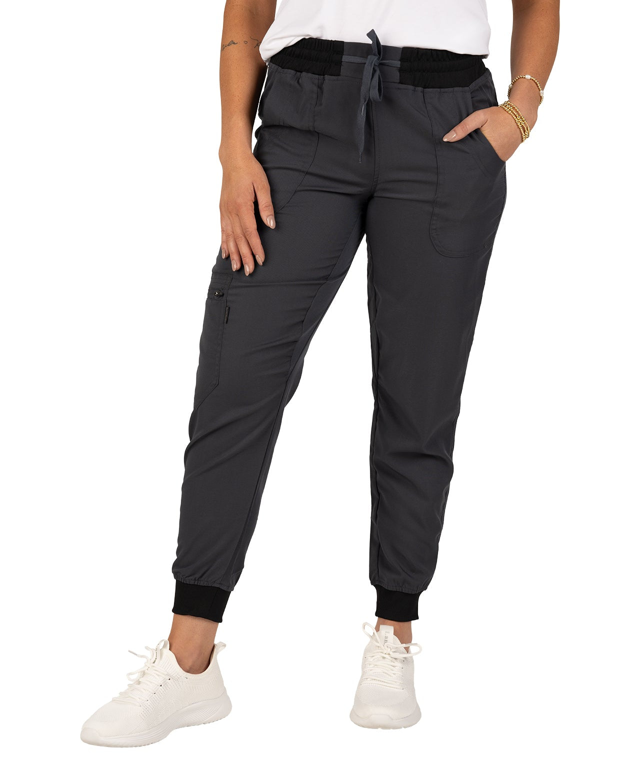 Fashionable grey loungewear jogger with adjustable drawstring waist and wrinkle-free and anti-microbial features