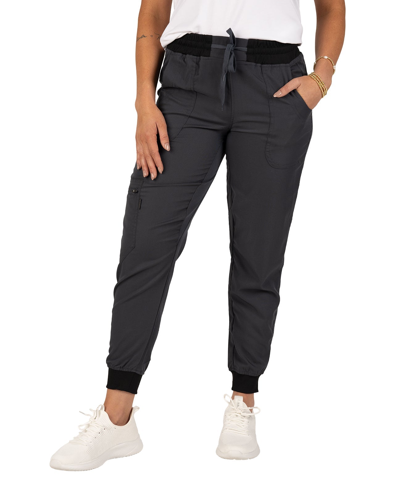 Fashionable grey loungewear jogger with adjustable drawstring waist and wrinkle-free and anti-microbial features