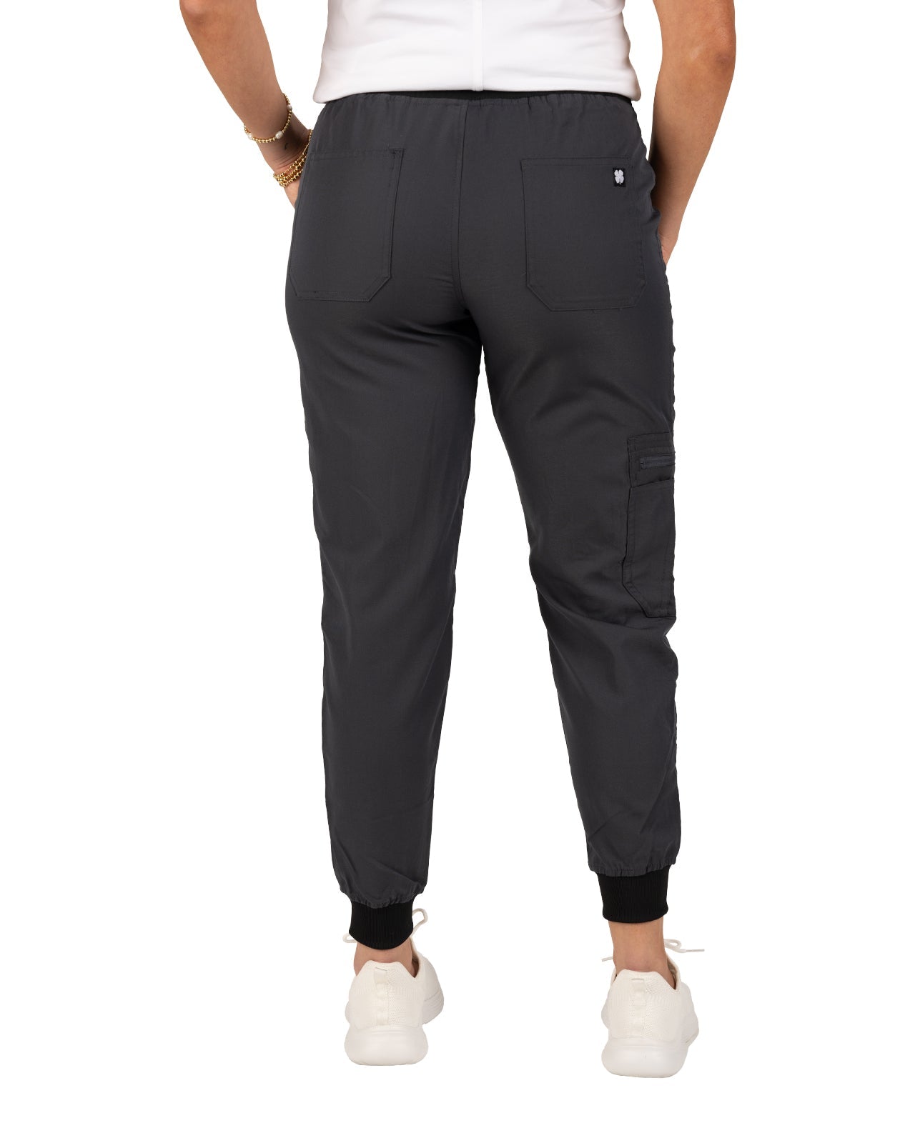 Fashionable grey loungewear jogger with adjustable drawstring waist and wrinkle-free and anti-microbial features