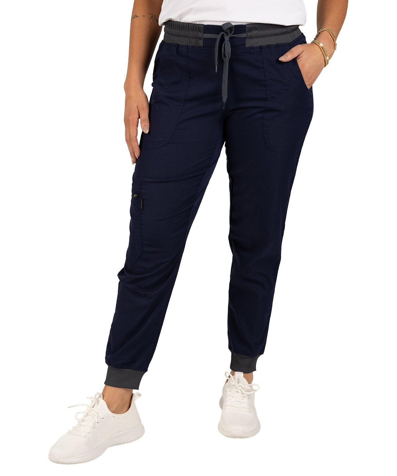 Fashionable navy loungewear jogger with adjustable drawstring waist and wrinkle-free and anti-microbial features