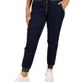 Fashionable navy loungewear jogger with adjustable drawstring waist and wrinkle-free and anti-microbial features