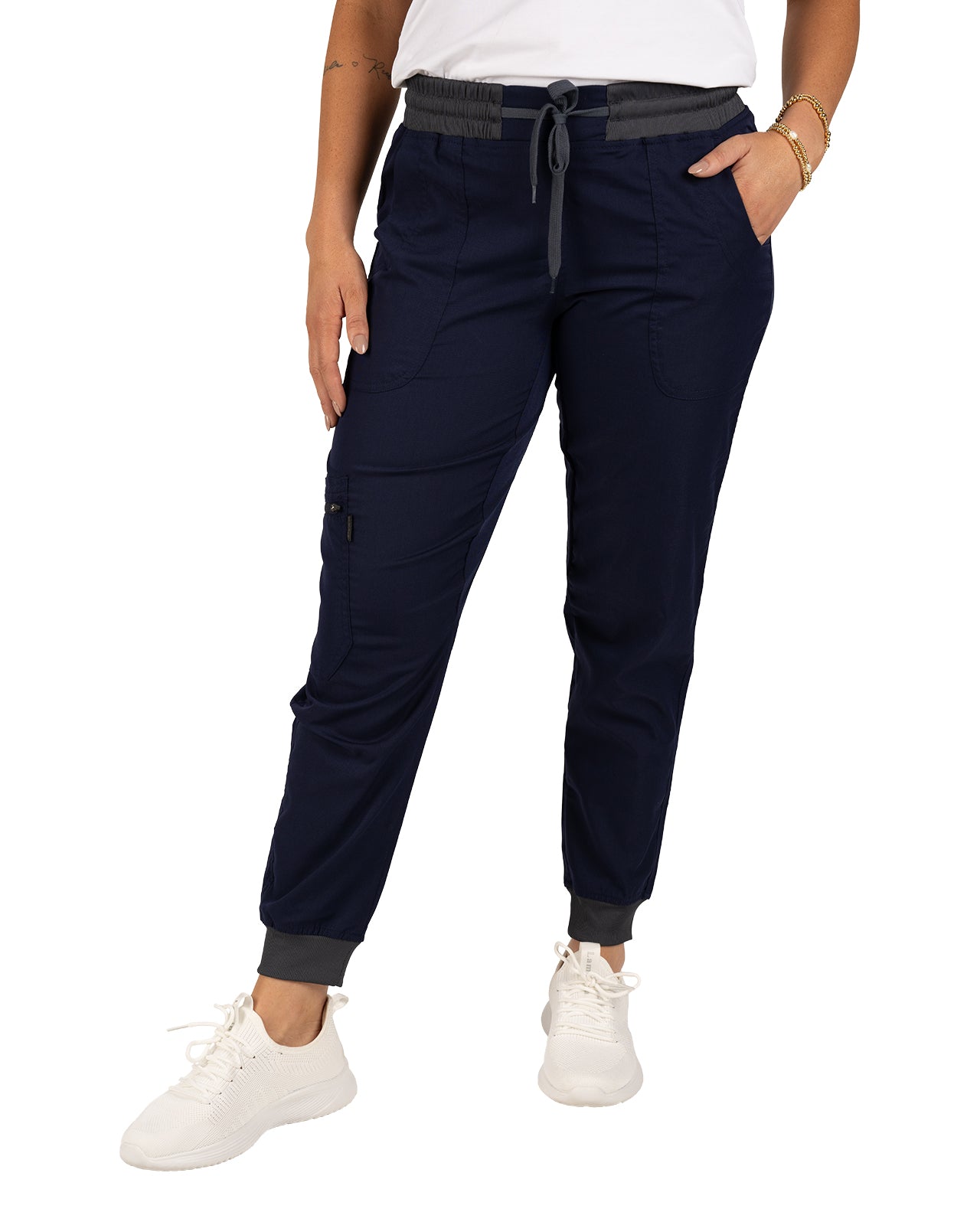 Fashionable navy loungewear jogger with adjustable drawstring waist and wrinkle-free and anti-microbial features