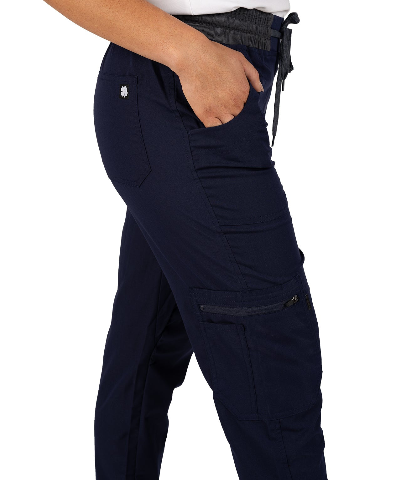 Fashionable navy loungewear jogger with adjustable drawstring waist and wrinkle-free and anti-microbial features