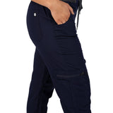 Fashionable navy loungewear jogger with adjustable drawstring waist and wrinkle-free and anti-microbial features