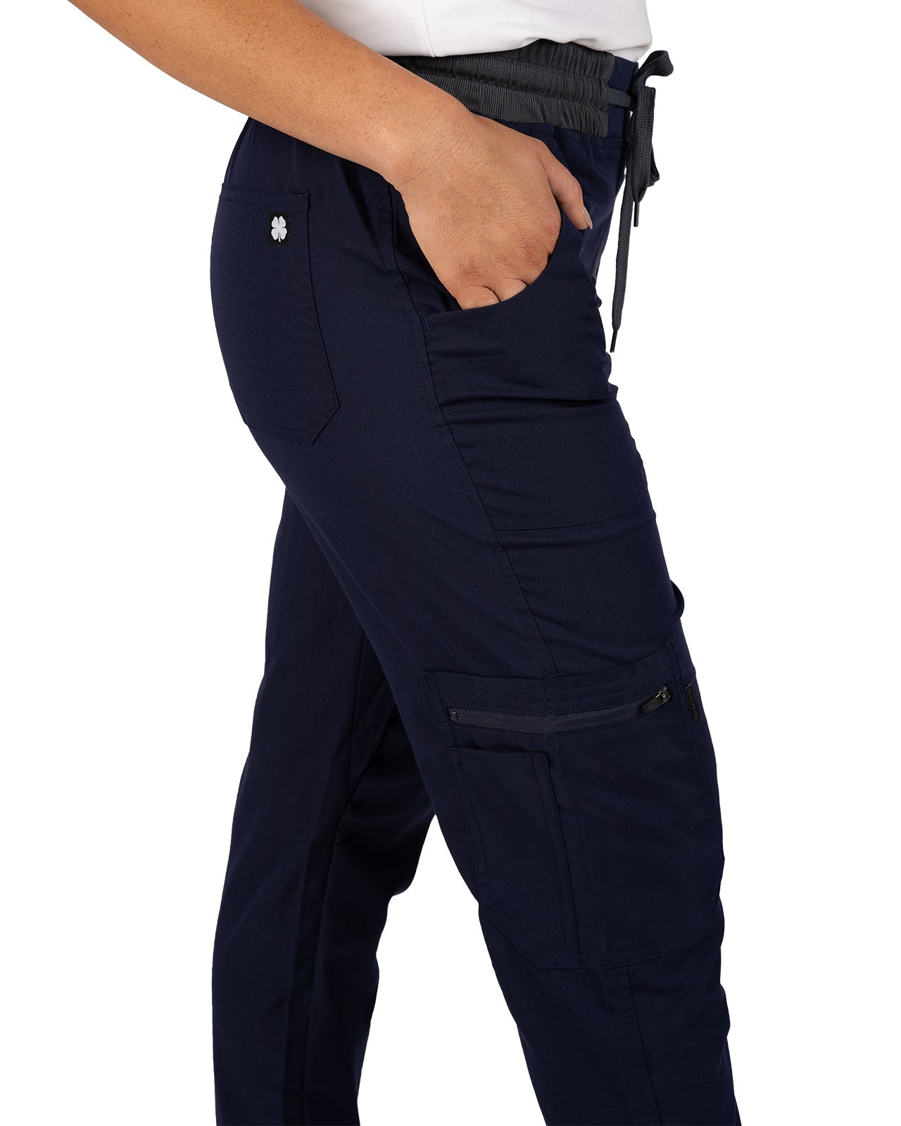 Fashionable navy loungewear jogger with adjustable drawstring waist and wrinkle-free and anti-microbial features