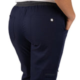 Fashionable navy loungewear jogger with adjustable drawstring waist and wrinkle-free and anti-microbial features