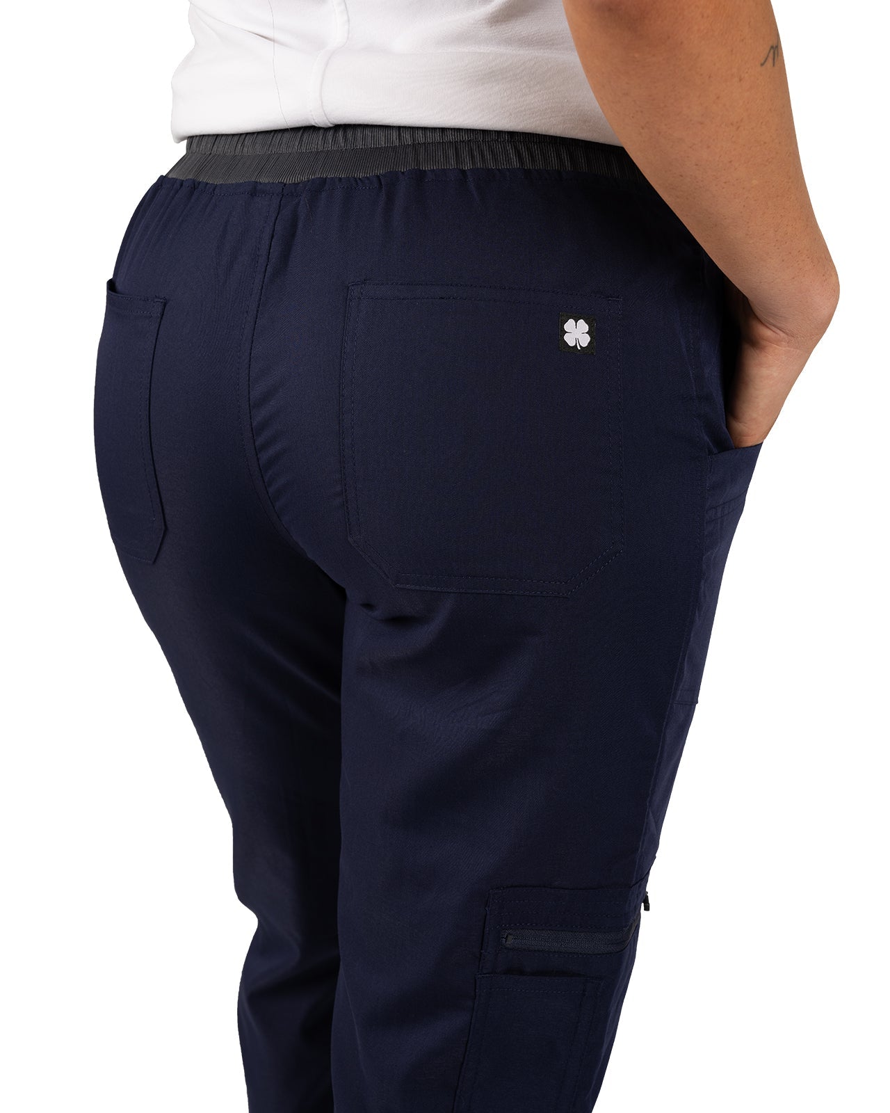 Fashionable navy loungewear jogger with adjustable drawstring waist and wrinkle-free and anti-microbial features