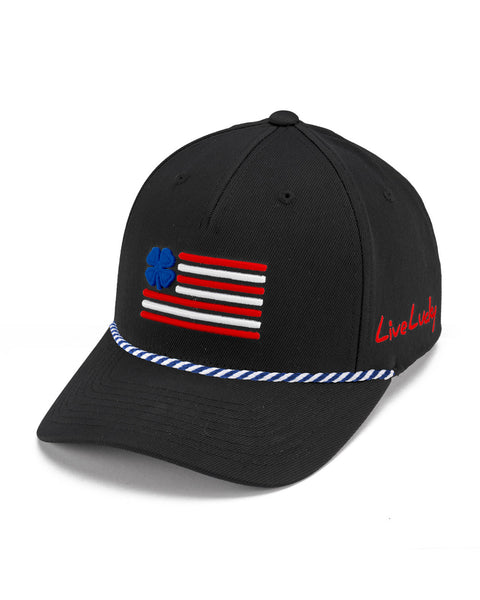 Unisex Adjustable Black USA Flag Patriotic Hat with Rope | Black