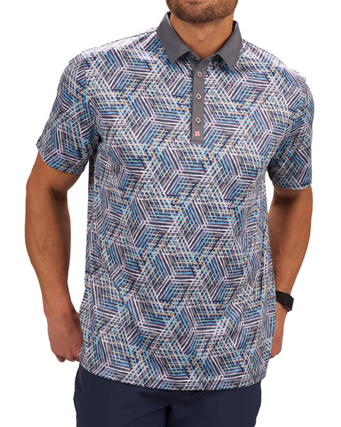 Multi-Colored Modern Print Golf Polo with Light Grey Collar and