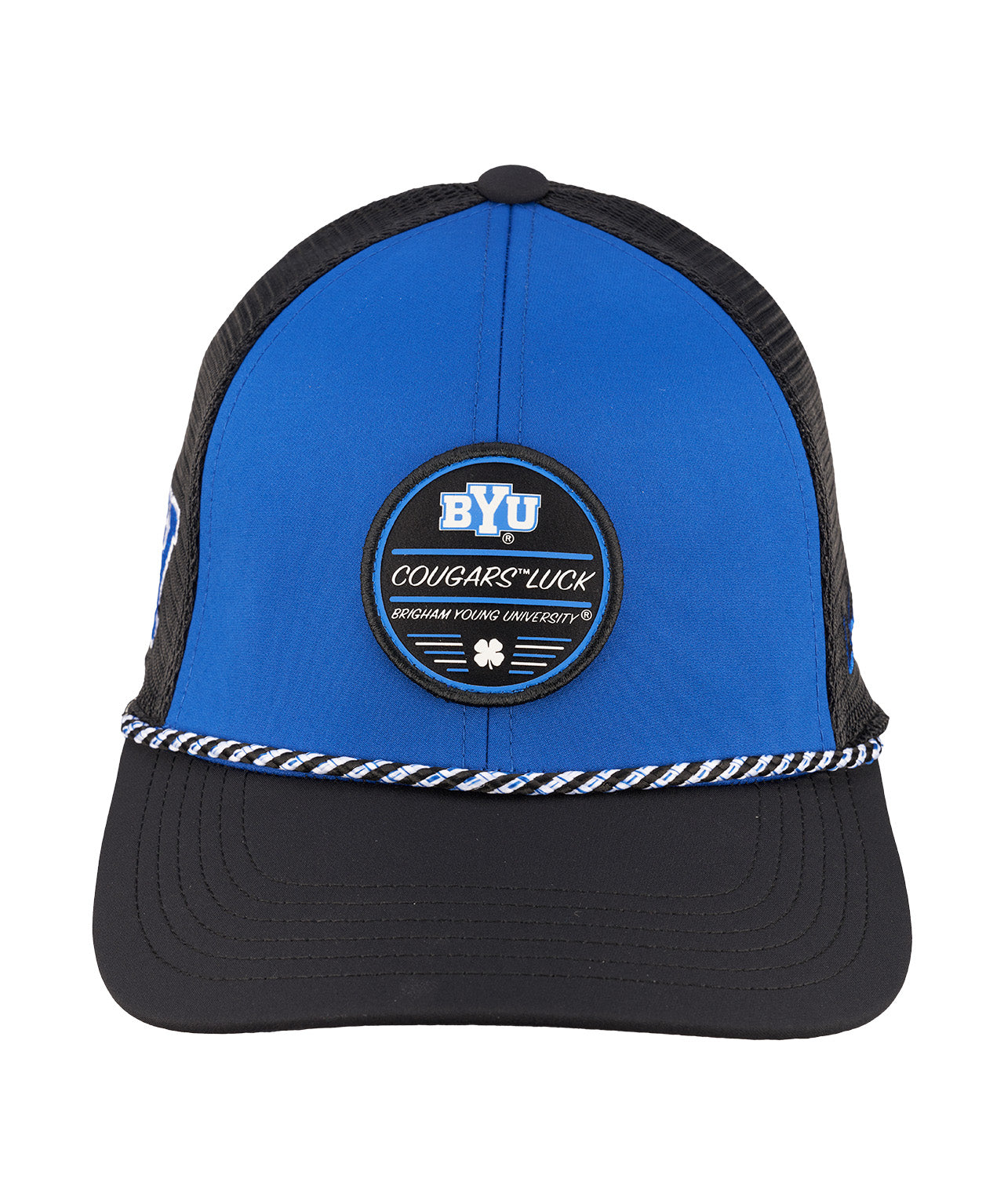 blue and black BYU hat from Black Clover featuring BYU Cougars Luck patch