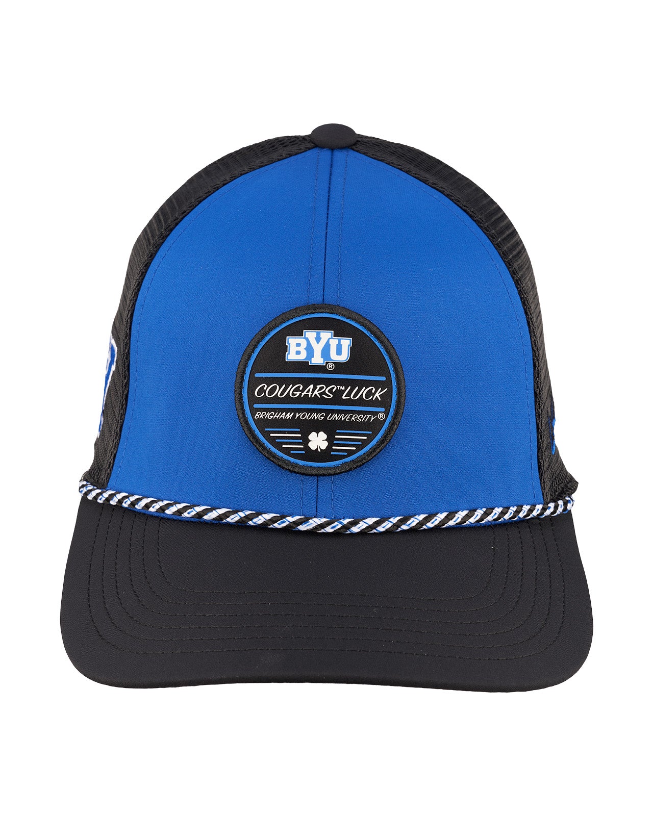 blue and black BYU hat from Black Clover featuring BYU Cougars Luck patch