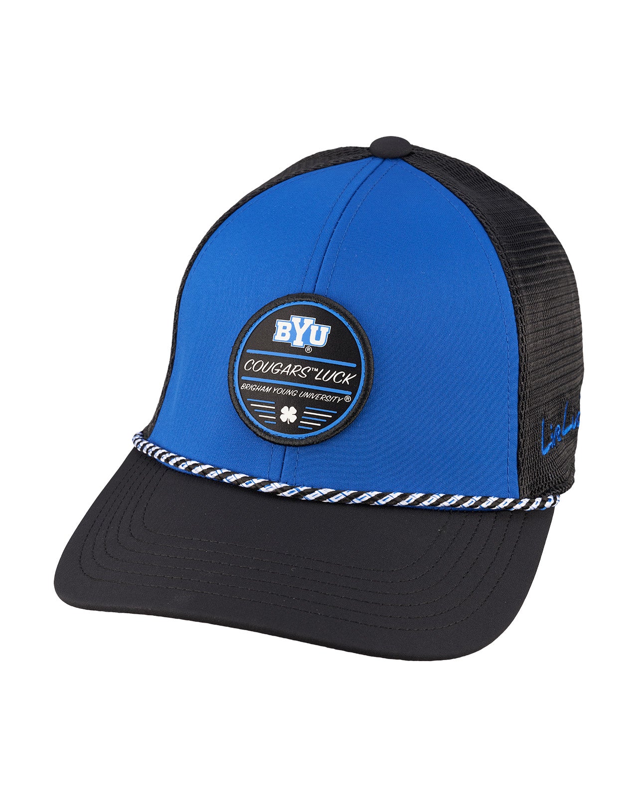 blue and black BYU hat from Black Clover featuring BYU Cougars Luck patch