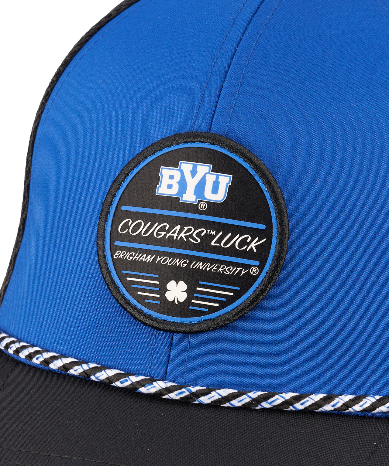 blue and black BYU hat from Black Clover featuring BYU Cougars Luck patch