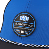 blue and black BYU hat from Black Clover featuring BYU Cougars Luck patch