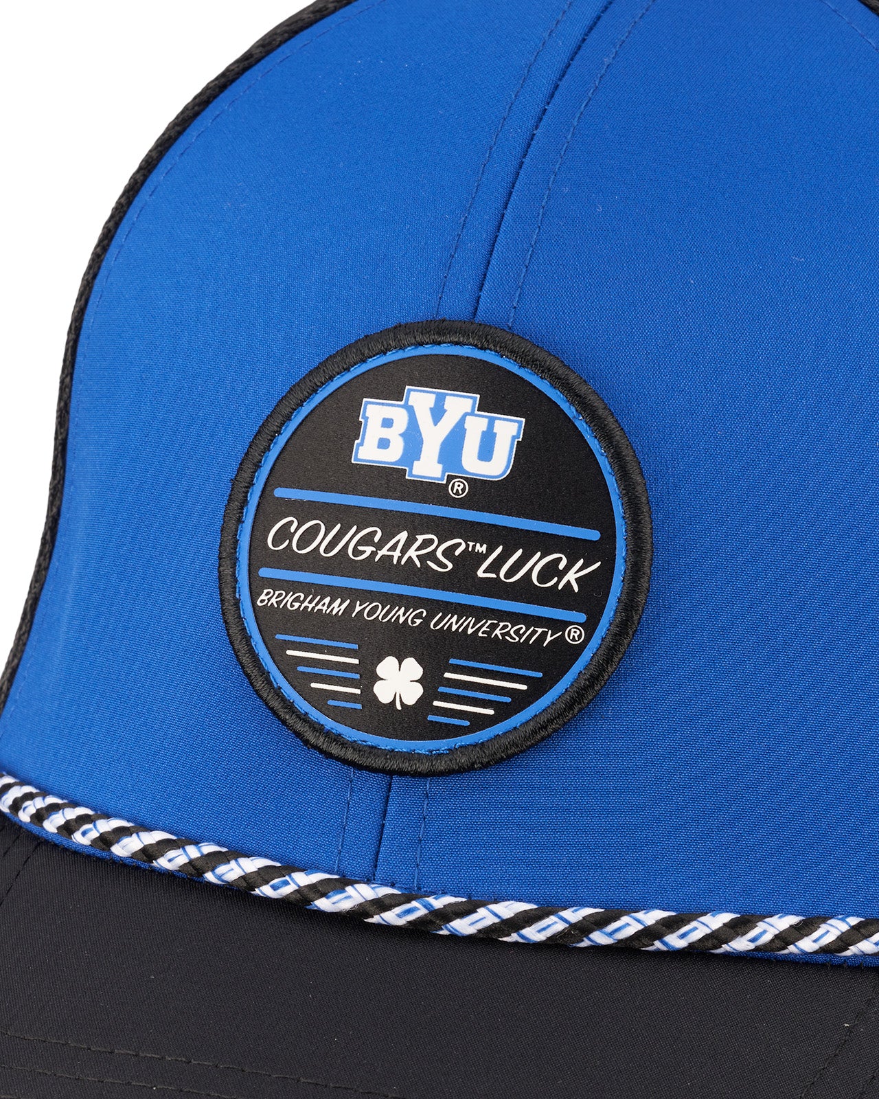 blue and black BYU hat from Black Clover featuring BYU Cougars Luck patch