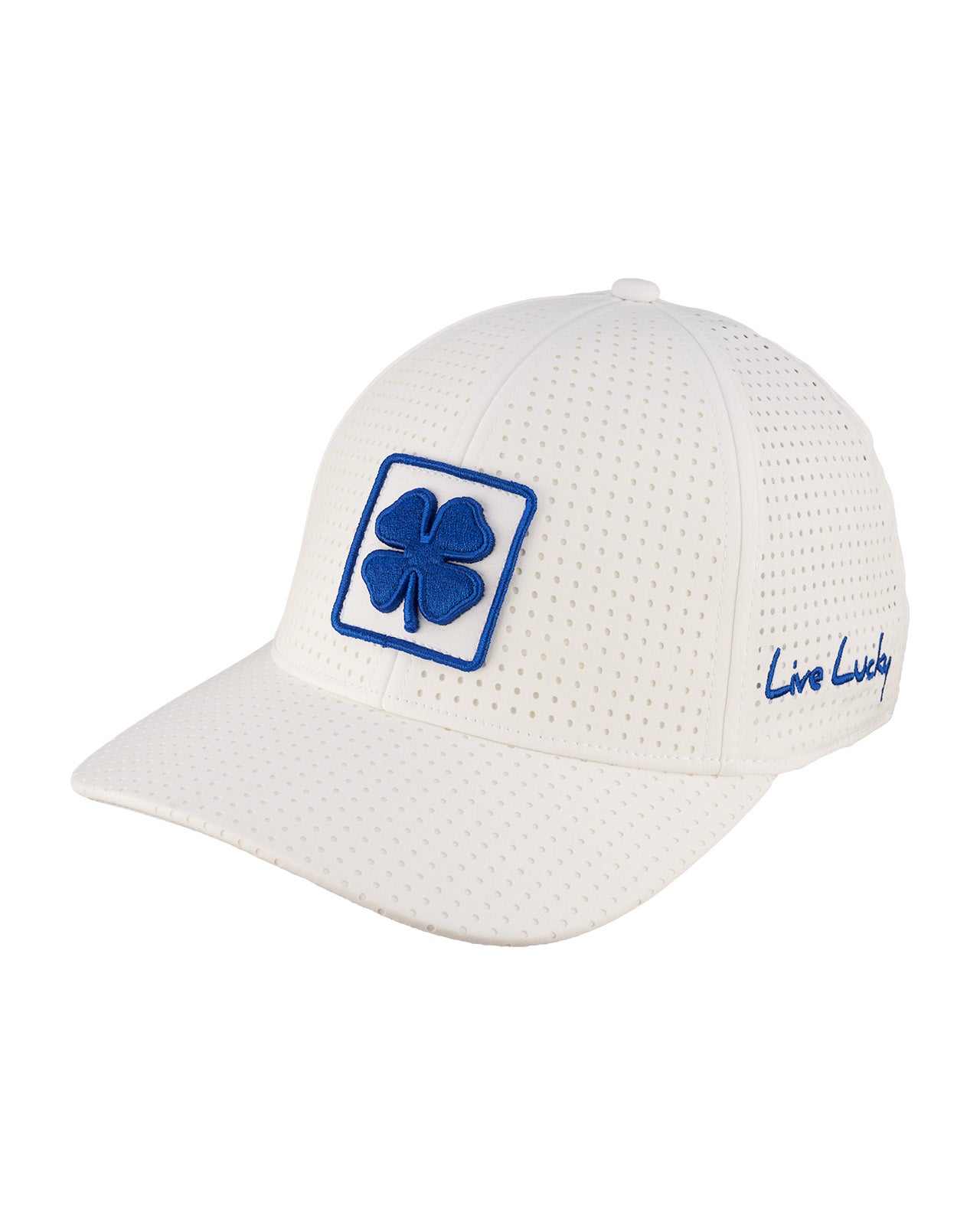 perforated white hat from Black Clover featuring blue BYU patch