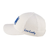 perforated white hat from Black Clover featuring blue BYU patch