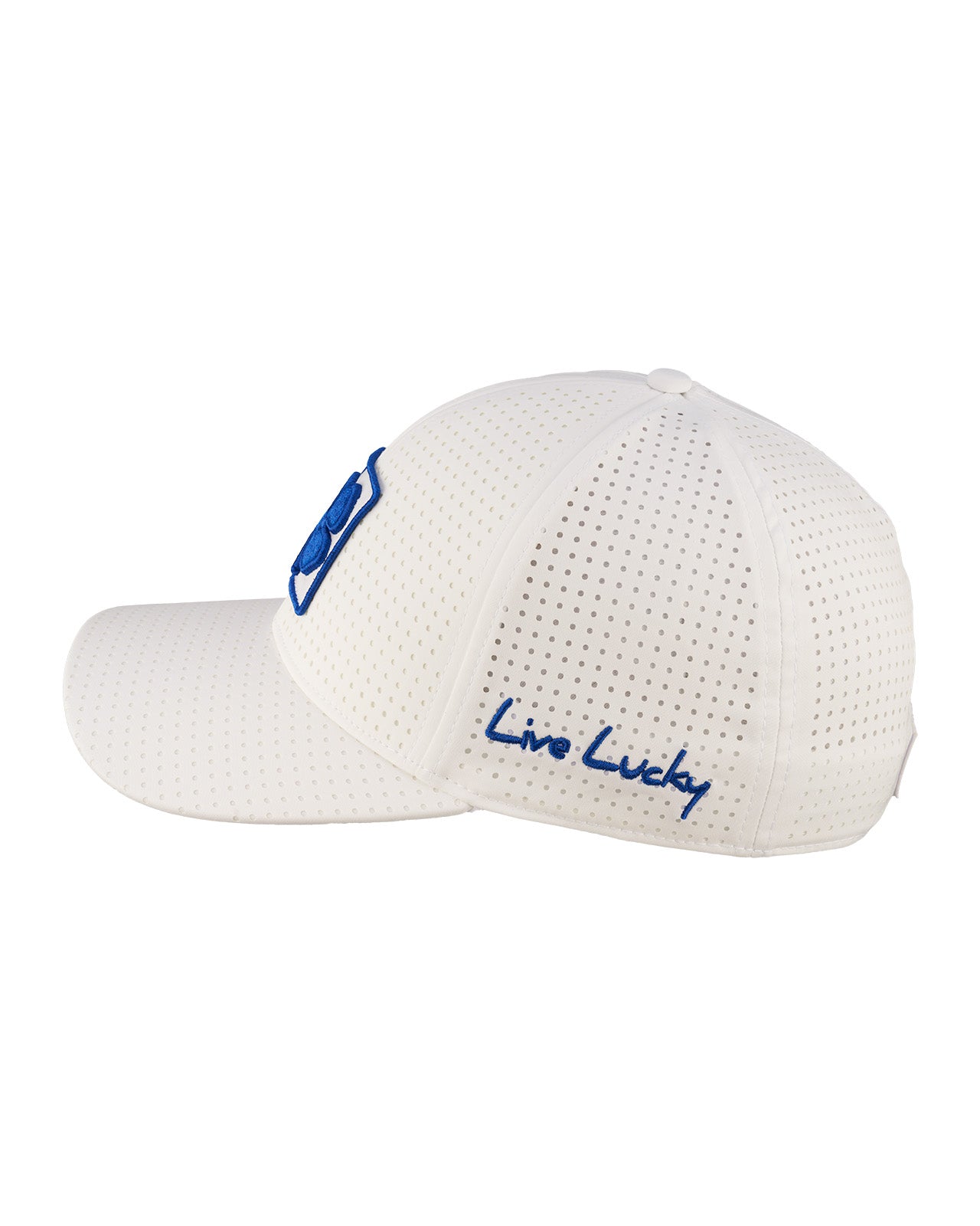 perforated white hat from Black Clover featuring blue BYU patch