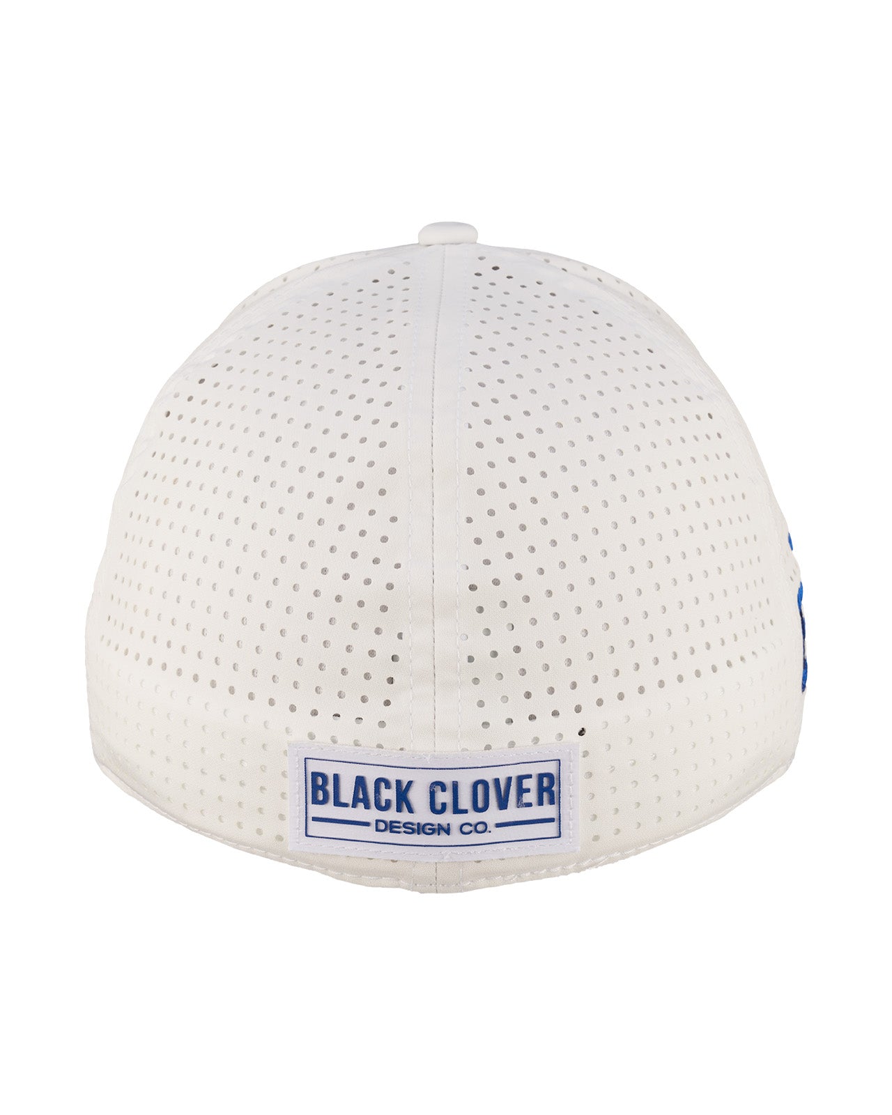 perforated white hat from Black Clover featuring blue BYU patch