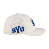 perforated white hat from Black Clover featuring blue BYU patch