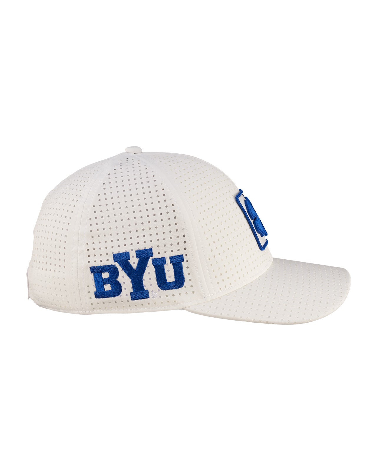 perforated white hat from Black Clover featuring blue BYU patch