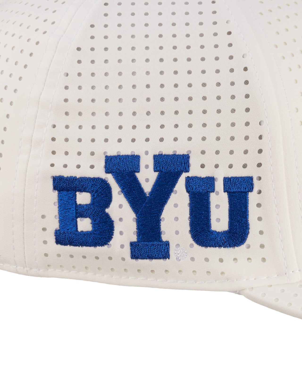 perforated white hat from Black Clover featuring blue BYU patch