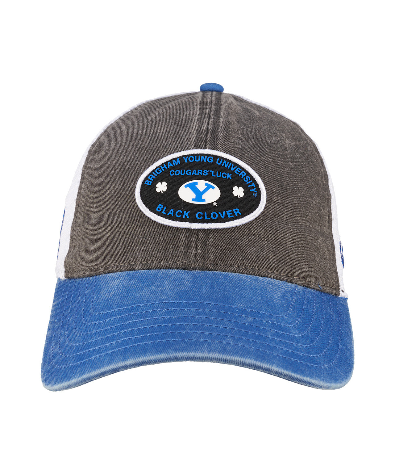 blue grey and white hat from Black Clover featuring patch of BYU Cougars