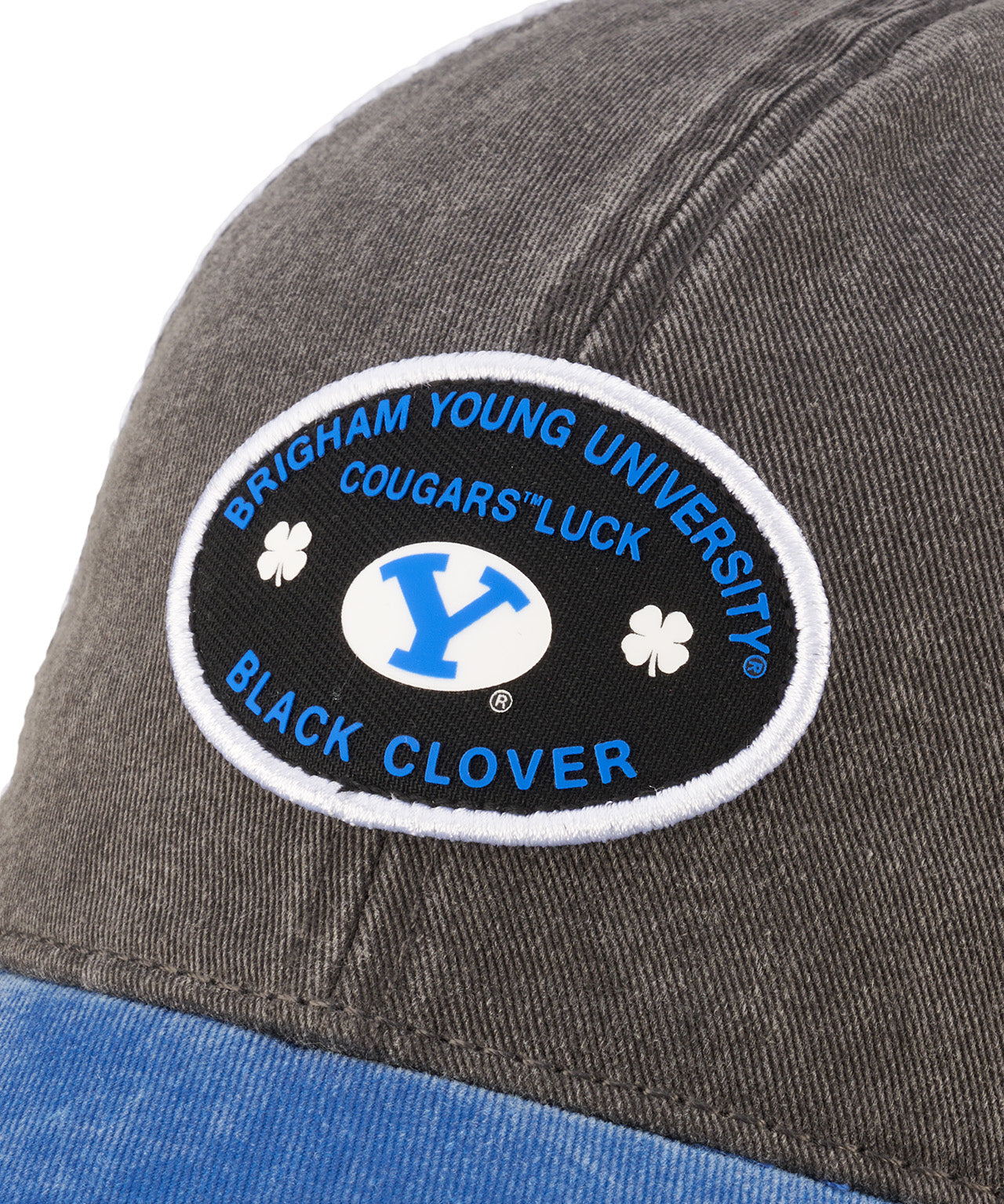 blue grey and white hat from Black Clover featuring patch of BYU Cougars