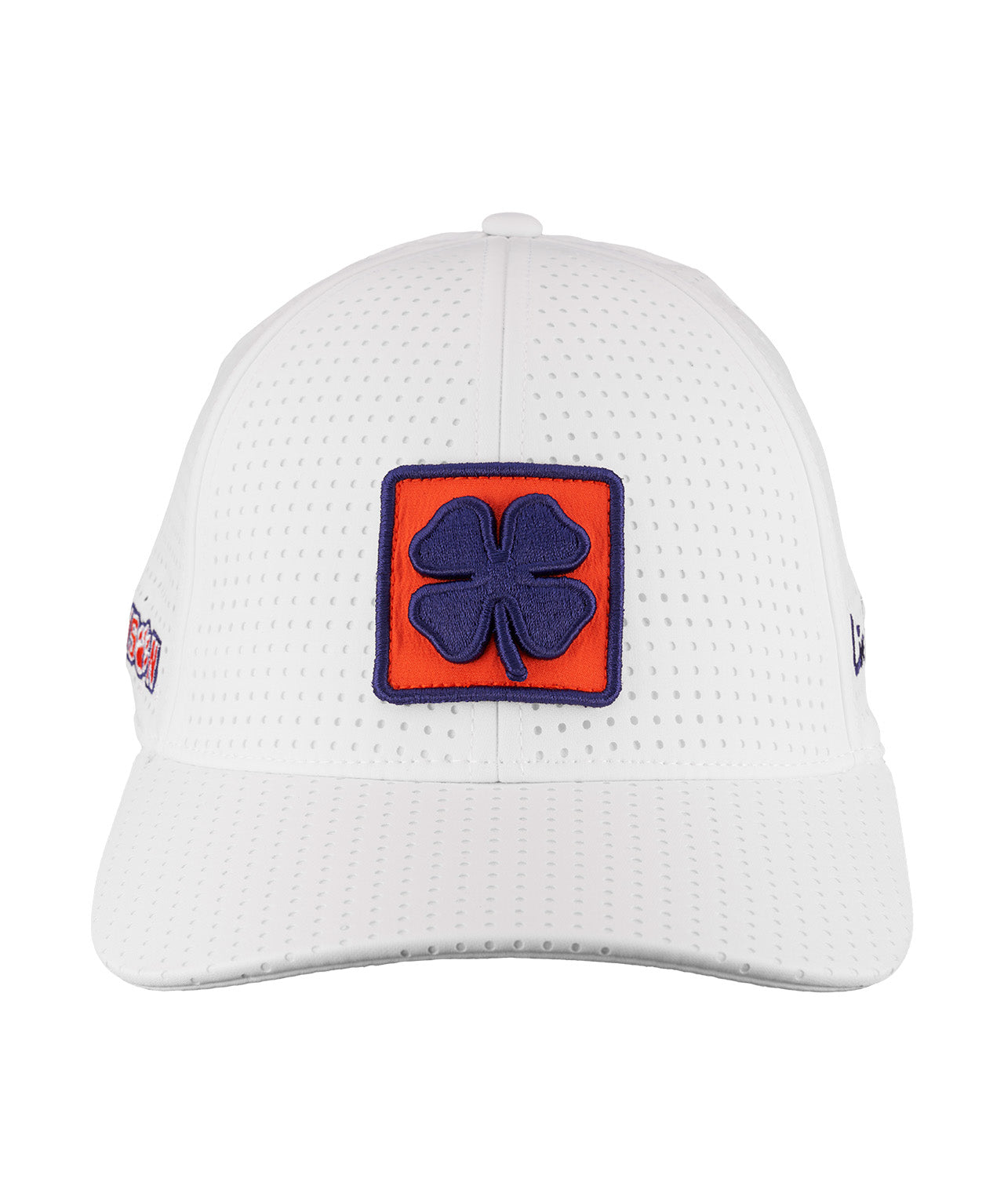 perforated white hat by Black Clover for the Clemson University Tigers featuring their patch in purple and orange