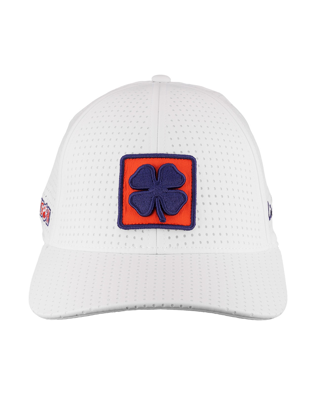 perforated white hat by Black Clover for the Clemson University Tigers featuring their patch in purple and orange
