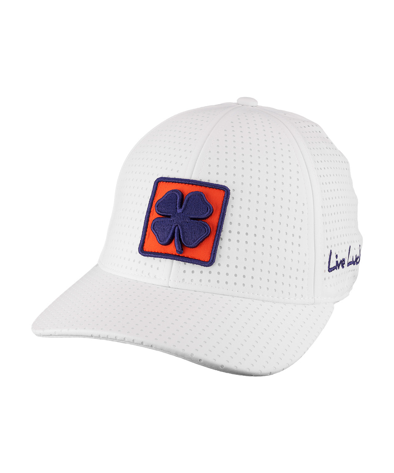 perforated white hat by Black Clover for the Clemson University Tigers featuring their patch in purple and orange