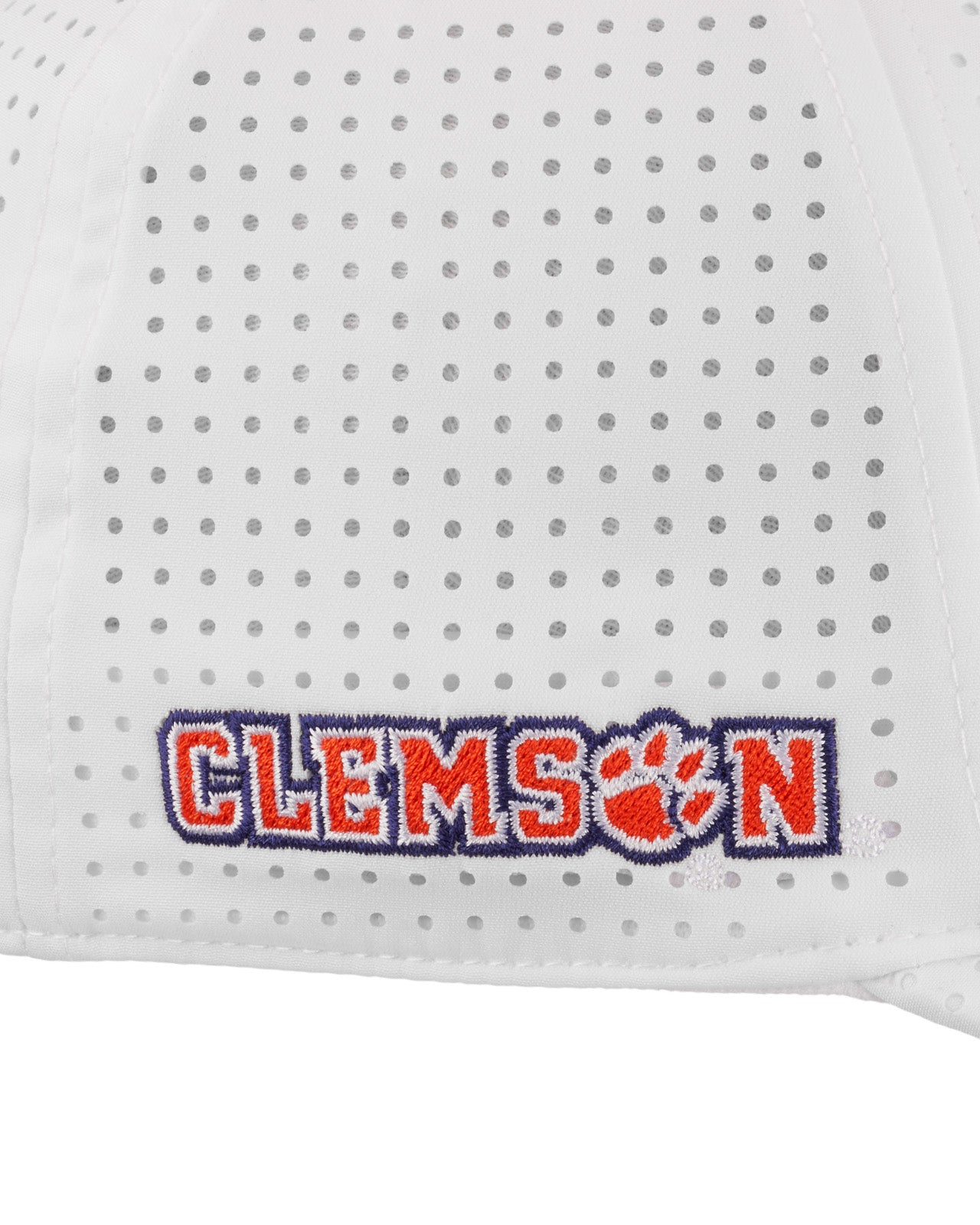 perforated white hat by Black Clover for the Clemson University Tigers featuring their patch in purple and orange